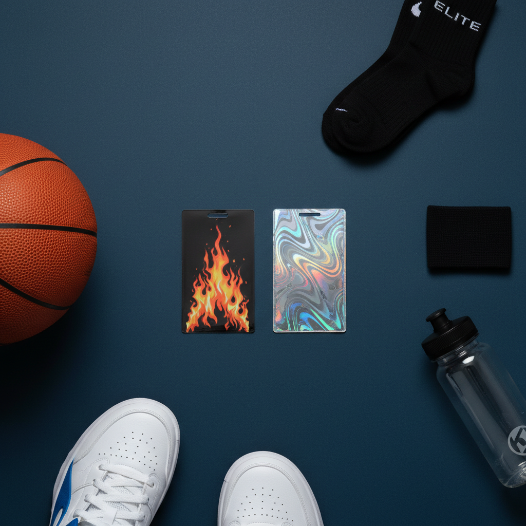 Bag tags with basketball gear flat lay